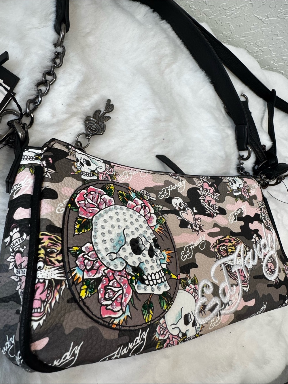 Ed Hardy Pink Camouflage Skull & Rose Embroidered Shoulder Bag